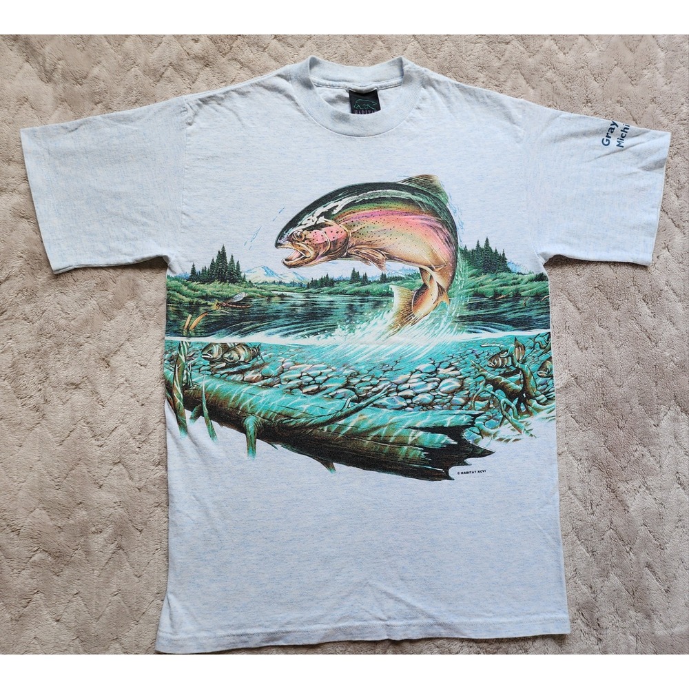 Vintage 90s Habitat Rainbow Trout Graphic T-shirt Grayling Michigan Mens Medium